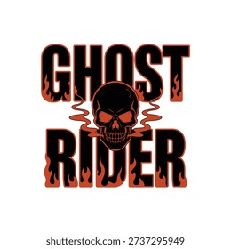 Graphic design featuring the words Ghost Rider with a skull and flames.