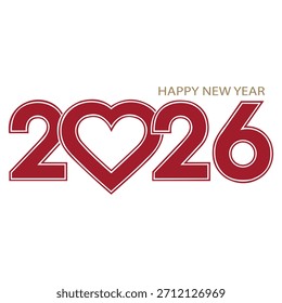 Un Diseño gráfico que presenta el año 2026 estilizado con una forma de corazón que reemplaza el cero, acompañado del texto 'FELIZ AÑO NUEVO' encima.