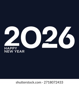 Ein grafisches Design mit dem Jahr 2026 in großem weißem Text auf dunkelblauem oder schwarzem Hintergrund mit Happy New Year in kleinerem Text darunter
