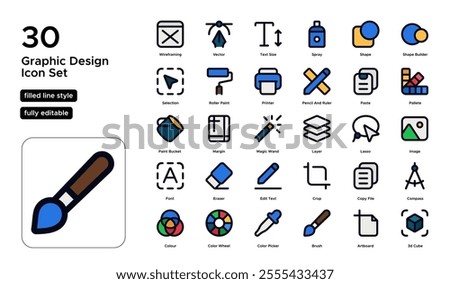 Graphic Design Filled Line Icon Set: Digital Art, Typography, and Layout Icons