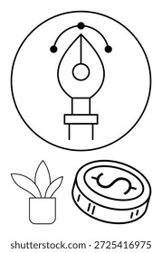 Diseño gráfico, finanzas, crecimiento, creatividad, productividad, inversiones. Pluma herramienta, moneda y planta en maceta en un estilo minimalista. Concepto de Diseño gráfico y finanzas