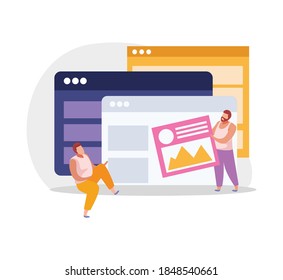 Graphic design flat composition with characters of designers moving content sections inside screen windows vector illustration