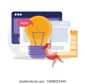 Graphic design flat composition with conceptual lamp icon computer windows and female character with laptop vector illustration