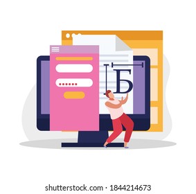Graphic design flat composition with desktop computer windows and human character handling letter vector illustration