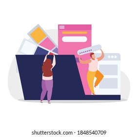 Graphic Design Flat Composition With Human Characters Handling Elements Of Operating System Interface Vector Illustration