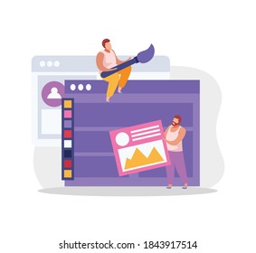 Graphic design flat composition with male characters of designers with brush icons and computer windows vector illustration