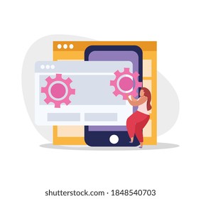 Graphic design flat composition with smartphone and female character adjusting gear icons on computer screens vector illustration