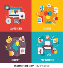 Graphic design flat icons set with branding creativity printing isolated vector illustration