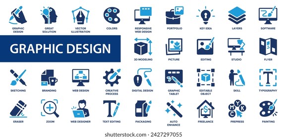 Graphic design flat icons set. Design, creativity, draw, stationary, illustration, portfolio, software, website icons and more signs. Flat icon collection.