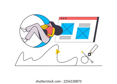 Graphic design flat line concept. Woman designer makes website layout, places content and elements, illustrator drawing arts for project. Vector illustration with outline people scene for web design