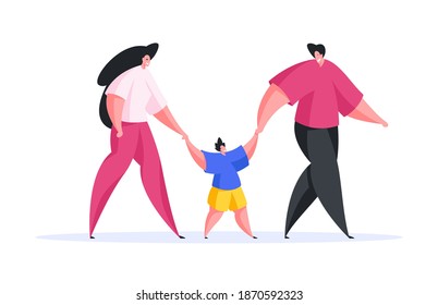 Graphic design in flat style of happy man and woman holding hands of son and strolling all together isolated on white background