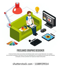 Graphic design freelancer his computer tablet and other tools on white background isometric flowchart 3d vector illustration
