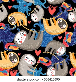 Graphic design fun lovers with sloths in the jungle