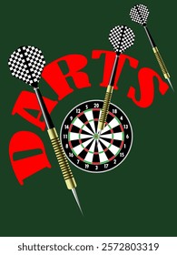 graphic design with green background and word "Darts". In the center is a target with black and white checkered darts.  The overall design is simple and cartoonish.