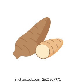 Un Diseño gráfico que destaca las raíces de yuca como componentes con almidón en las comidas.