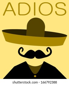 Graphic design of hispanic man with sombrero and word adios