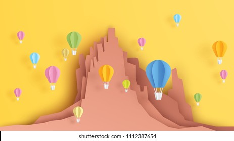 Graphic design for Hot air balloons festival. Illustration of Hot air balloons over Shiprock, New Mexico. Hot air balloons fiesta in New Mexico in paper art style. vector, illustration.