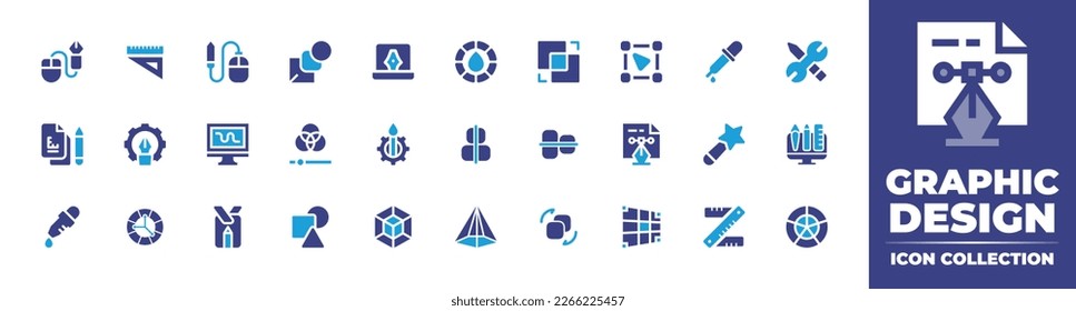 Graphic design icon collection. Duotone color. Vector illustration. Containing vector, ruler, computer mouse, blend, laptop, blur, combine, select, pipette, tools, draft, pen, digital drawing, rgb.