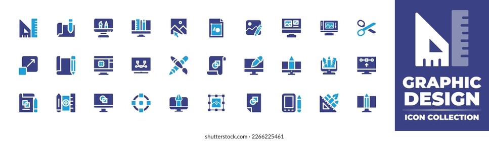 Graphic design icon collection. Duotone color. Vector illustration. Containing ruler, graphic design, paper, image editing, ui design, edit image, scissor, graphic tablet, graphic tool, design.