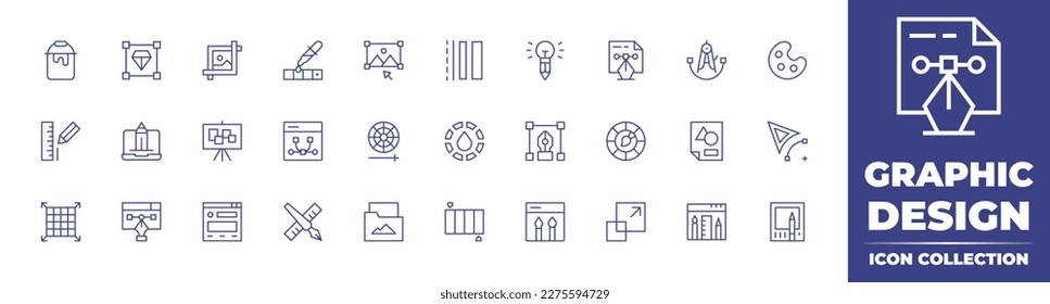 Graphic design icon collection. Duotone color. Vector illustration. Containing paint bucket, object, crop, pantone, graphic, stroke, idea, design, compass, paint palette, ruler, pencil, moodboard.