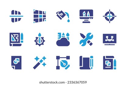 Graphic design icon collection. Duotone color. Vector illustration. Containing perspective, grid, bucket, graphic design, registration mark, project, brush settings, tools, magic wand, edit.