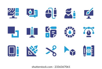 Graphic design icon collection. Duotone color. Vector illustration. Containing monitor, speech bubble, graphic design, designer, fill, design, branding, color, vector design, graphic tablet, graphic.