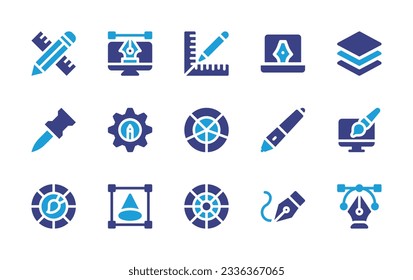 Graphic design icon collection. Duotone color. Vector illustration. Containing design tool, computer, ruler, laptop, layers, puppet warp, gear, grid, digital pen, graphic design, color palette.