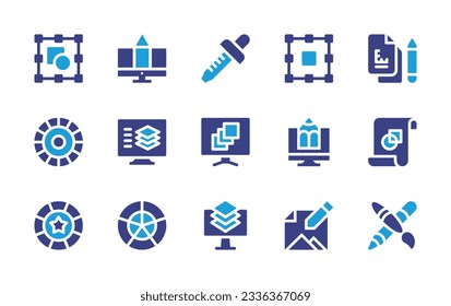 Graphic design icon collection. Duotone color. Vector illustration. Containing graphic design, eyedropper, free transform, draft, color circle, layers, computer, color palette, grid, drawing.