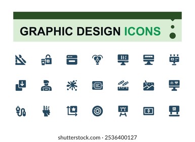 Graphic Design icon collection. Related to typography, technology, designer, computer, background and more. Filled icons pack. Editable glyph. Vector illustration.