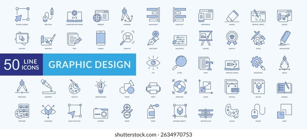 Graphic design icon collection set with mouse cursor, pen tool, computer software, website, painting