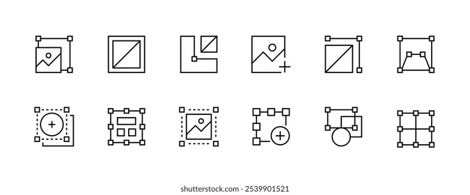 Graphic design icon collection. Design tools, transform, measure, grid system, work area and more. Editable stroke. Pixel Perfect. Grid base 32px.