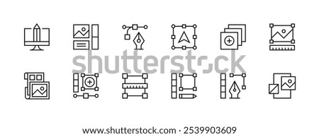 Graphic design icon collection. Design tools, transform, measure, layout, work area, pen tool and more. Editable stroke. Pixel Perfect. Grid base 32px.