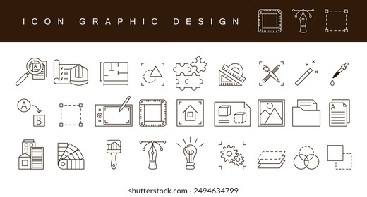 Icono de Diseño gráfico. Símbolo de herramienta de diseñador de computadoras. Software digital. Proceso de ideación creativa. Aplicación de selector de color. Proyecto arquitectónico de construcción. Logo de tipografía. Conjunto de señales de línea escarpada de Vector