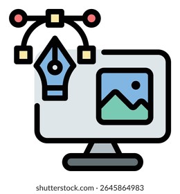 Ilustração em estilo de linha plana de ícone de design gráfico que representa a criação de conteúdo visual e a comunicação artística, adequada para projetos de marca, marketing e mídia digital
