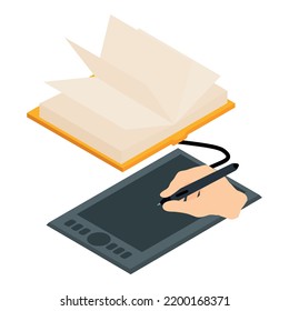 Graphic design icon isometric vector. Hand draws in graphic tablet with stylus. Designer tool, modern technology