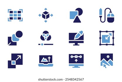 Conjunto de ícones de design gráfico. Estilo negrito. Cores duotônicas. escala, design gráfico, rgb, cubo, laptop, mouse do computador, mistura, forma, grade.