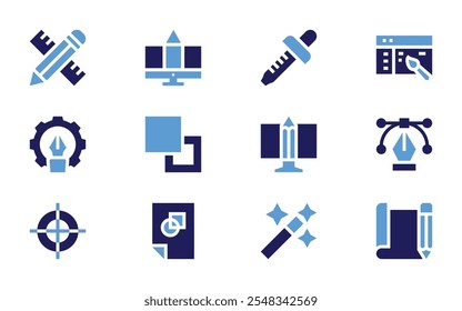 Graphic design icon set. Bold style. Duotone colors. magic wand, eyedropper, graphic design, design, fill, pen, registration mark, design tool.