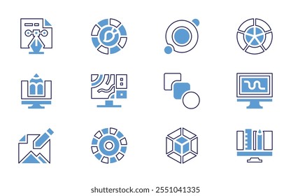 Symbolsatz für Grafikdesign. Fette Linienart. Duotonfarben. Bearbeitbarer Strich. digitales Zeichnen, Raster, 3D-Modell, Blitz, Grafikdesign, Fusion, RGB, Würfel, Maßstab, Laptop, Blend, Raster.