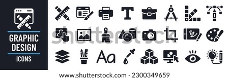 Graphic Design icon set. Containing web design, draw, illustration, portfolio, website, creativity, art, painting, print and more. Solid icons template vector collection.