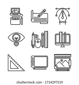 Graphic Design icon set = graphic design, contract, pen tool, lamp idea, graphic tool, monitor, set square, pen tablet, image drawing