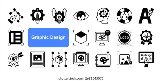 Graphic Design  icon set with Creative process, Concept, Composition, Color theory, Typography, and  Visual communication.