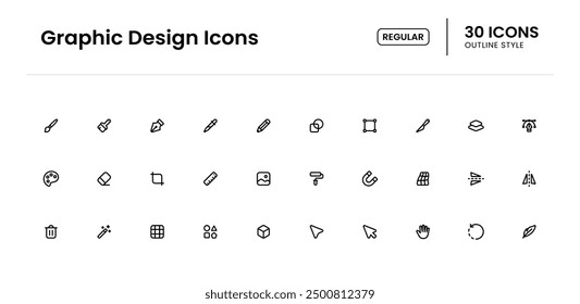 Graphic design icon set. graphic, designer, brush, painting, creativity, tool, paintbrush, artwork, image, colors. Vector outline icon illustration