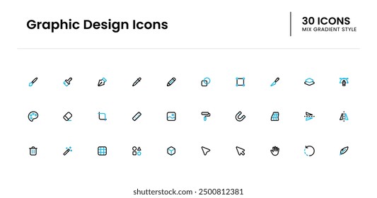 Graphic design icon set. graphic, designer, brush, painting, creativity, tool, paintbrush, artwork, image, colors. Vector mix gradient icon illustration