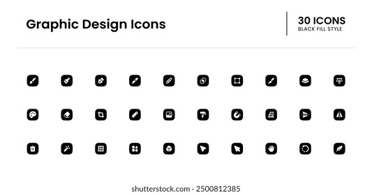 Graphic design icon set. graphic, designer, brush, painting, creativity, tool, paintbrush, artwork, image, colors. Vector black fill icon illustration