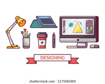 Graphic design icon set with digital illustrator or artist tools and equipment in line art. Digital drawing icons and elements.