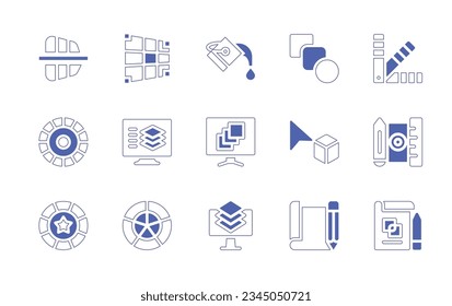 Graphic design icon set. Duotone style line stroke and bold. Vector illustration. Containing perspective, grid, bucket, fusion, color, palette, circle, layers, graphic, design.