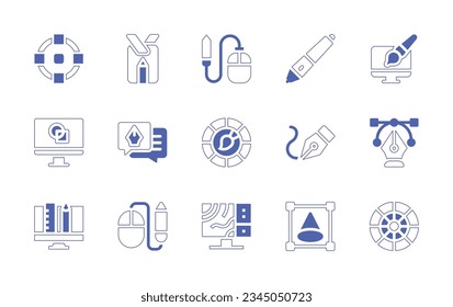 Graphic design icon set. Duotone style line stroke and bold. Vector illustration. Containing graphic, design, badge, computer, mouse, digital, pen, speech, bubble, color, palette, curvature, vector.