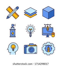 Graphic Design icon set (Filled Line) = ruler pencil, layer, cube, spray paint, idea, monitor, head, camera, setting
