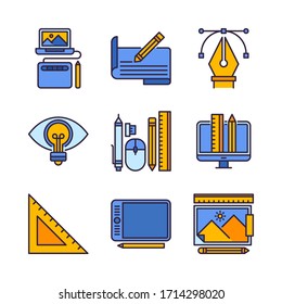 Grafikdesign-Icon-Set (Filled Line) = Grafikdesign, Vertrag, Stift-Tool, Lampenidee, Grafiktool, Monitor, Set-Quadrat, Tablette, Bilderzeichnung