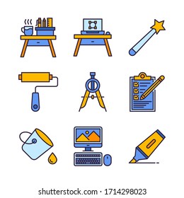 Graphic Design icon set (Filled Line) = desk, workspace, magic wand, paint roller, drawing compass, checklist, paint bucket, computer